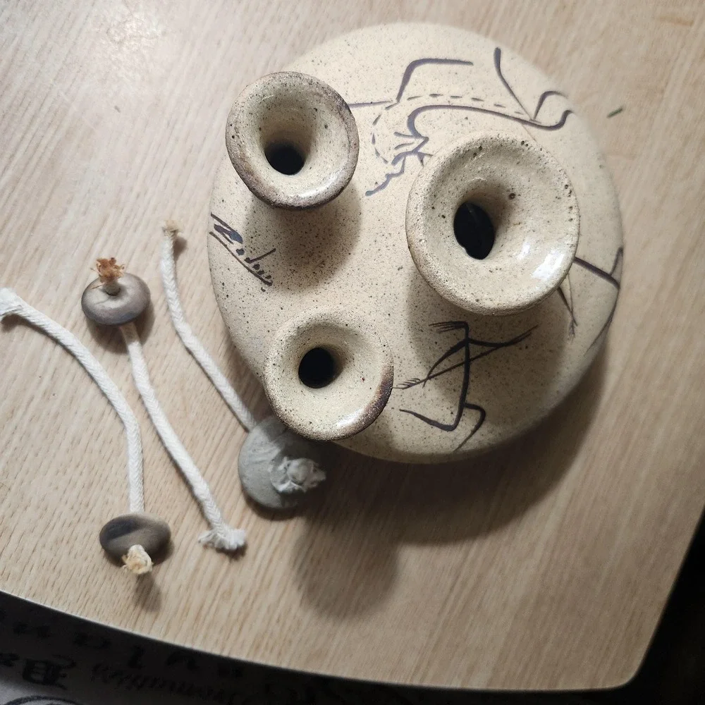 Vintage 3 Chimney Clay Oil Lamp‎ Signed By Artist.